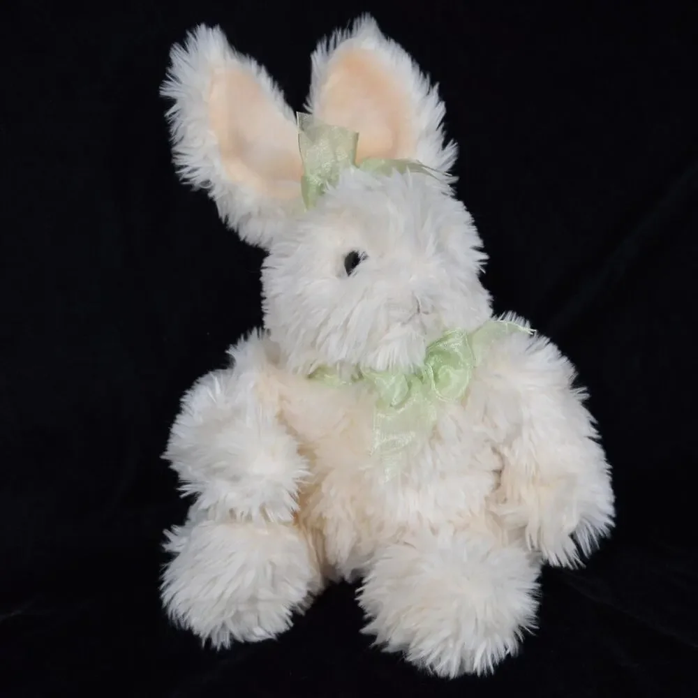 Fluffy White Easter Bunny Plush Rabbit Stuffed Animal Sitting Green Bows 13